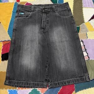 Southpole Y2K Teal Tabs Faded Black Baggy Jorts 30W